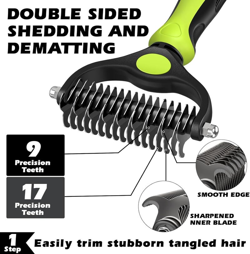 Augwind 3PCS Self Cleaning Slicker Brush & Pet Grooming Rake & Flea Comb for Dogs,Cats and Horses | Double-Sided Dematting Comb & Skin Friendly Deshedding Grooming Tool (J-Green Black) - Image 2